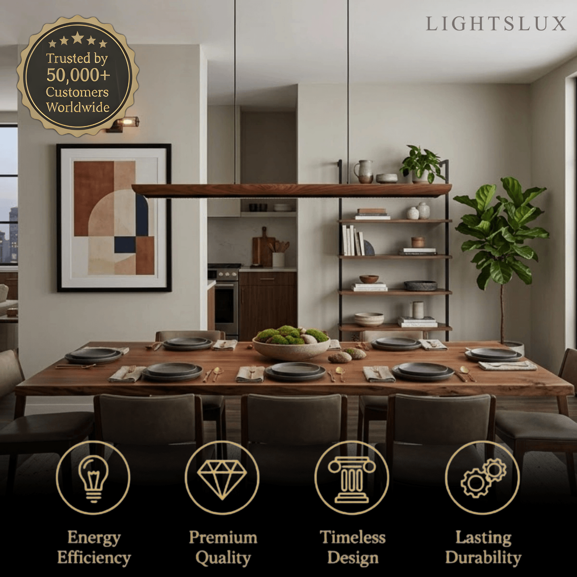 Modern Linear Pendant Light -- Walnut Wood & Metal