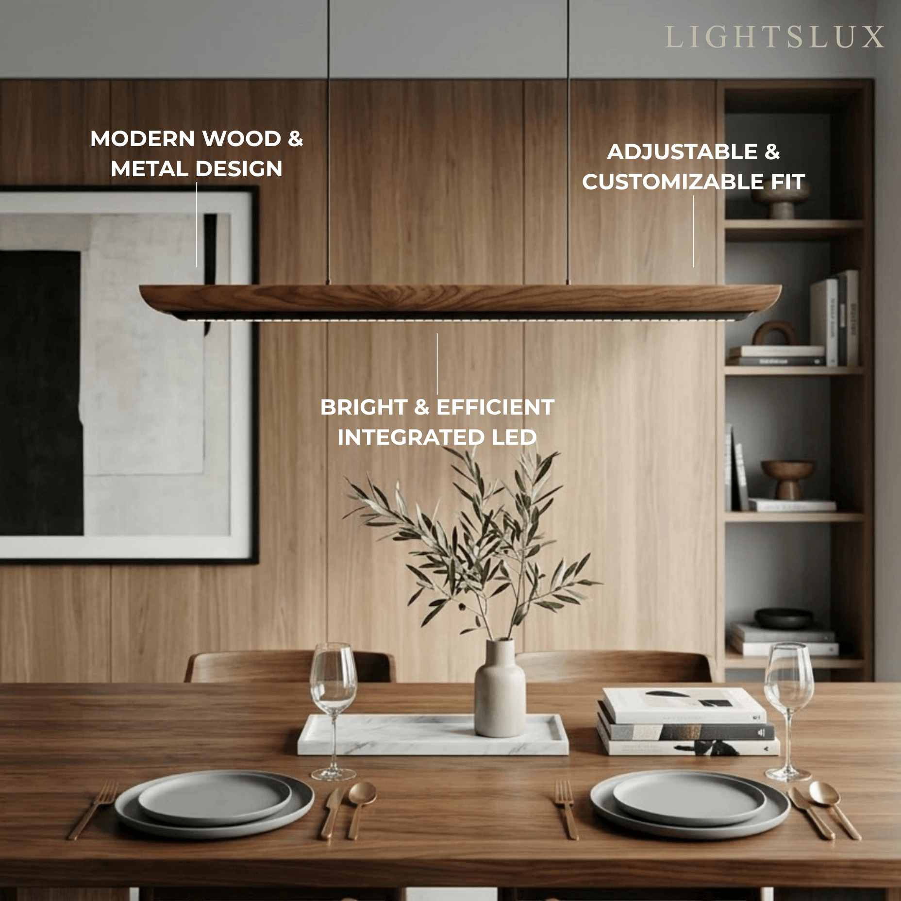 Modern Linear Pendant Light -- Walnut Wood & Metal