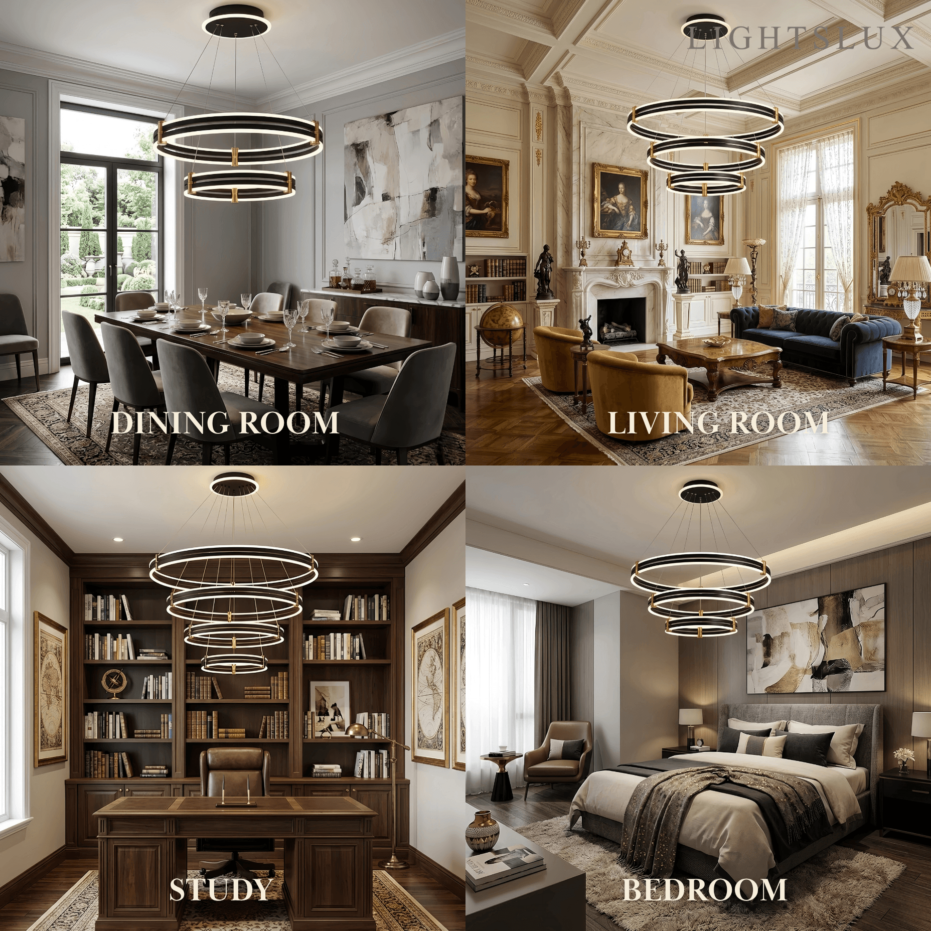 Modern Tiered Circular Chandelier -- Black Metal Rings