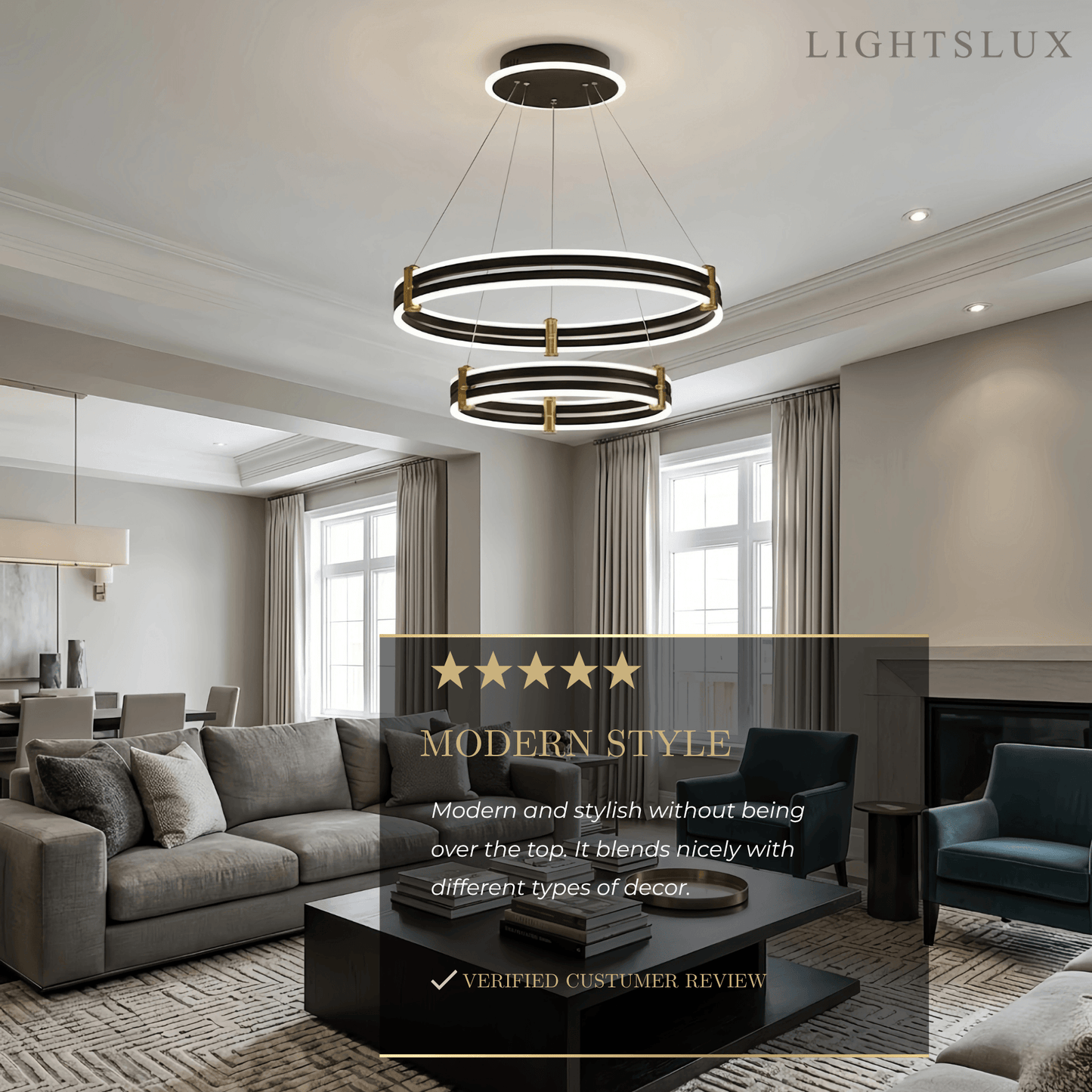 Modern Tiered Circular Chandelier -- Black Metal Rings
