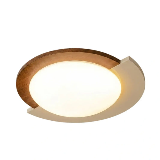 Modern Walnut Round Ceiling Light -- White Metal & Acrylic