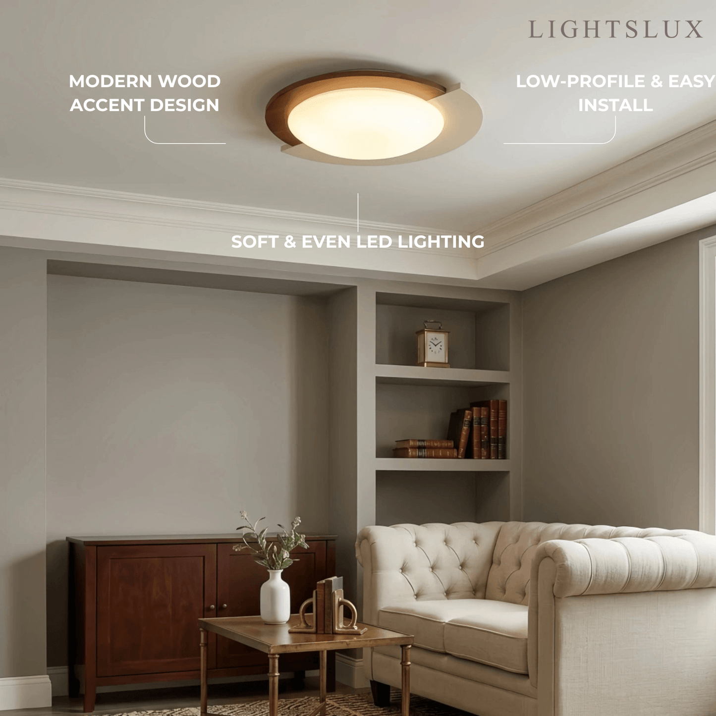 Modern Walnut Round Ceiling Light -- White Metal & Acrylic
