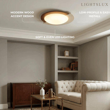 Modern Walnut Round Ceiling Light -- White Metal & Acrylic