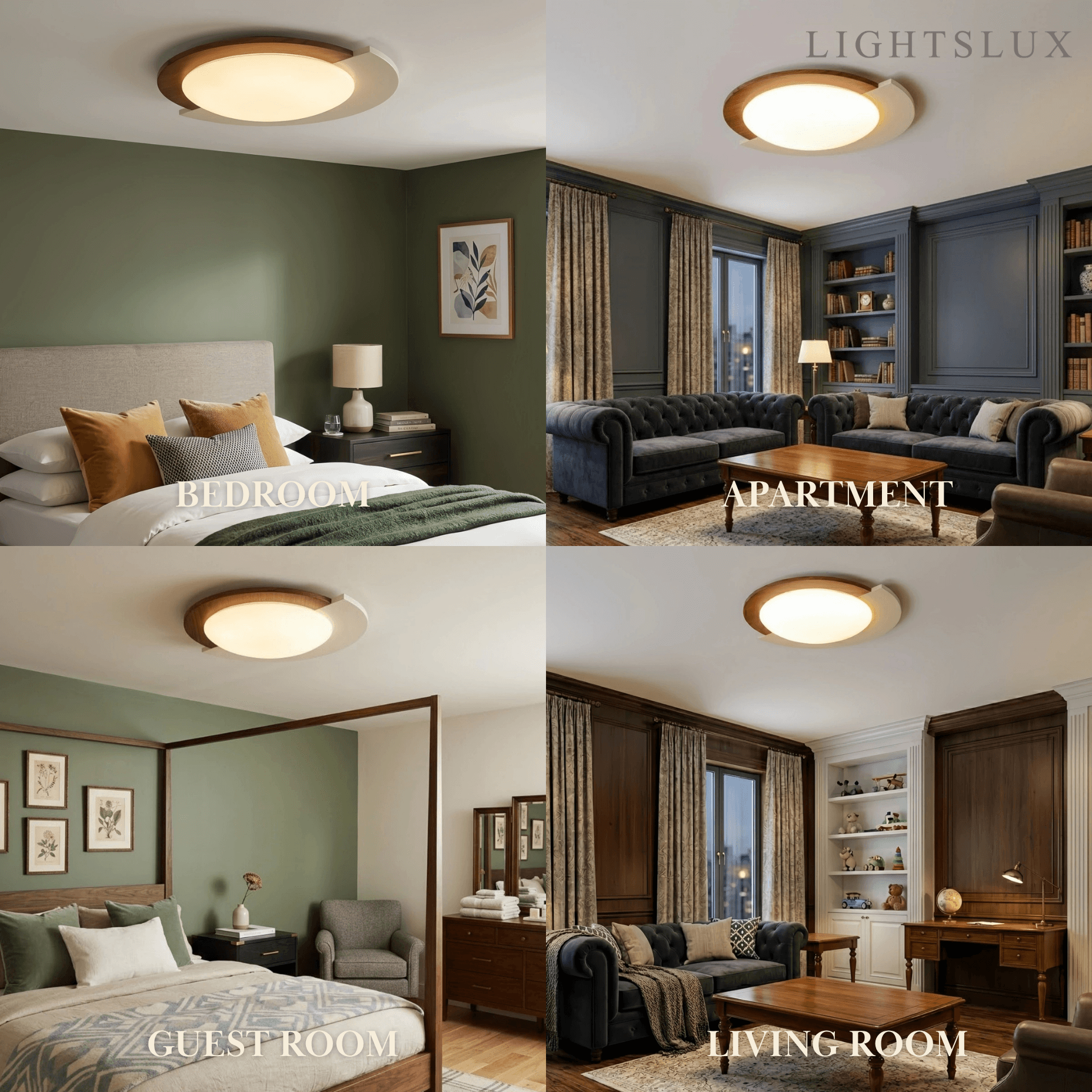 Modern Walnut Round Ceiling Light -- White Metal & Acrylic