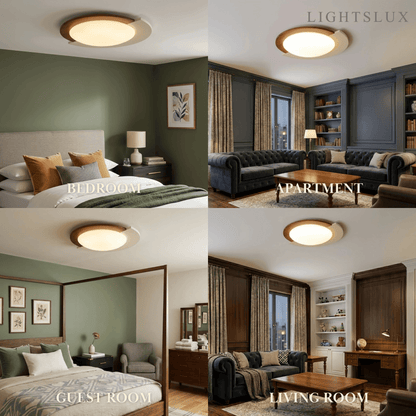 Modern Walnut Round Ceiling Light -- White Metal & Acrylic