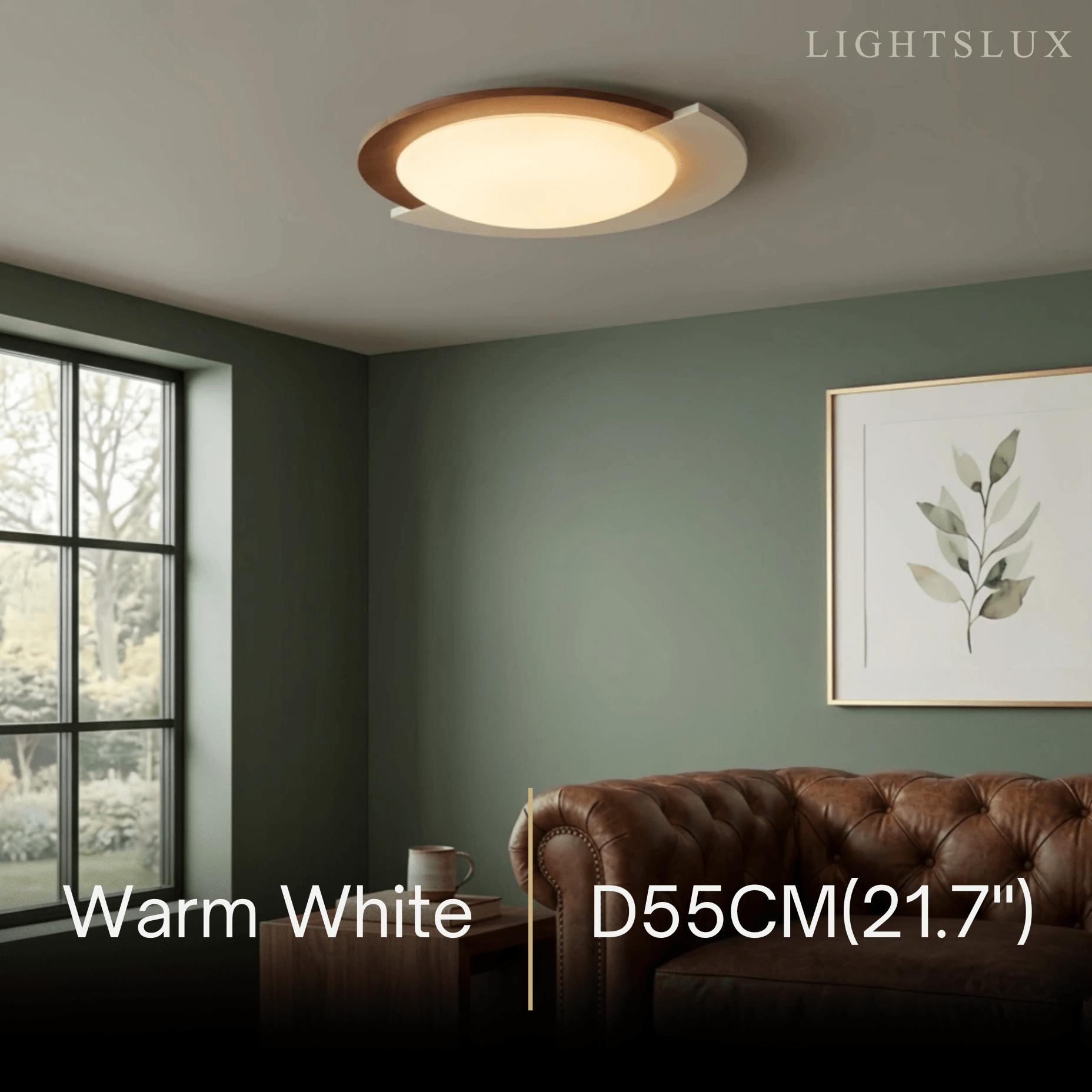 Modern Walnut Round Ceiling Light -- White Metal & Acrylic