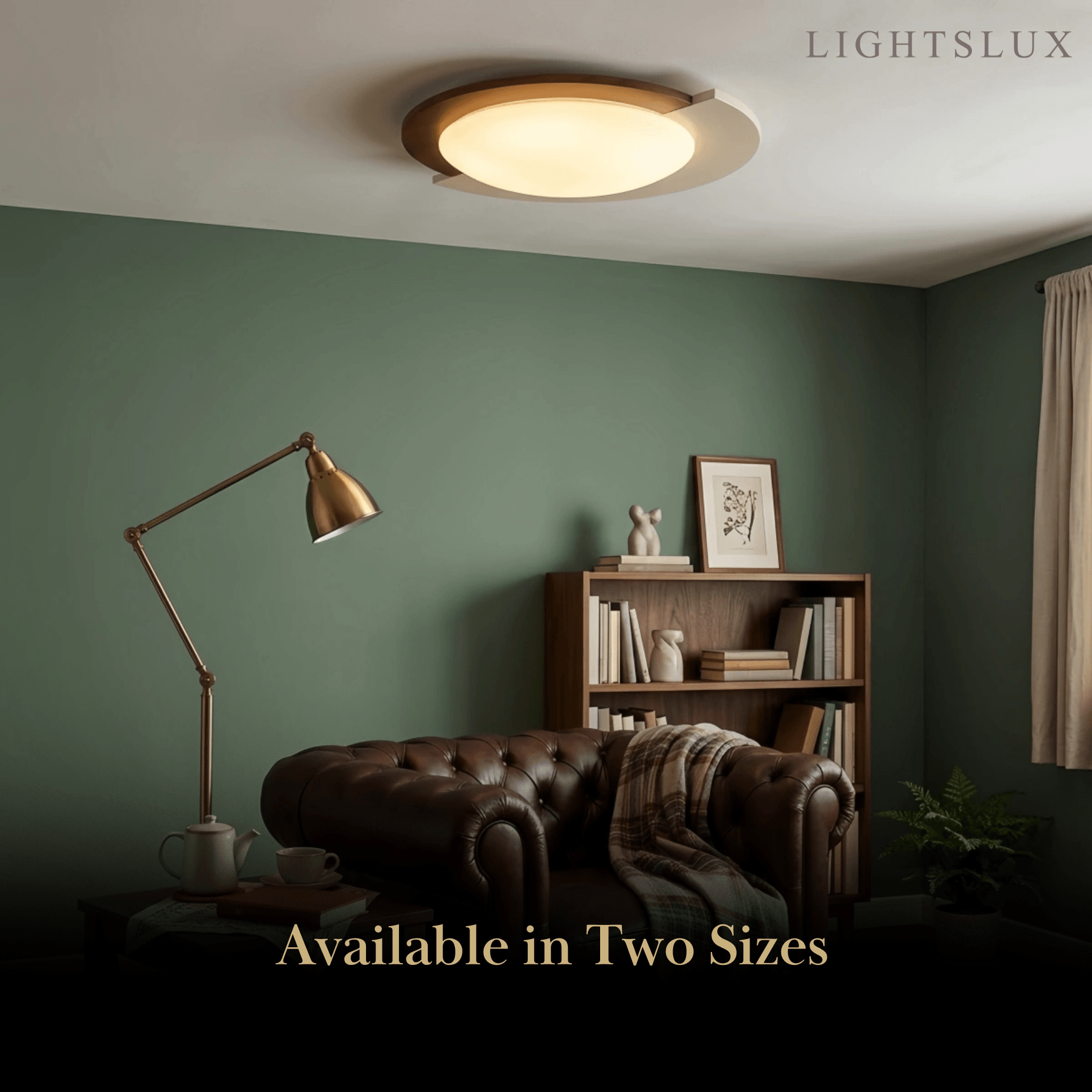 Modern Walnut Round Ceiling Light -- White Metal & Acrylic