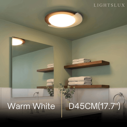 Modern Walnut Round Ceiling Light -- White Metal & Acrylic