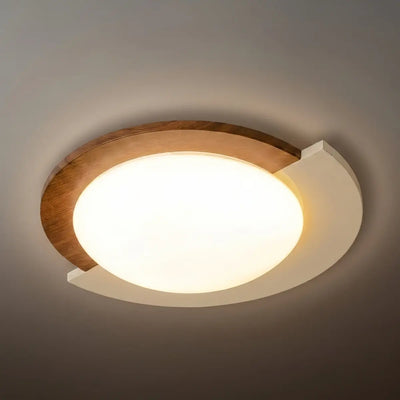 Modern Walnut Round Ceiling Light -- White Metal & Acrylic