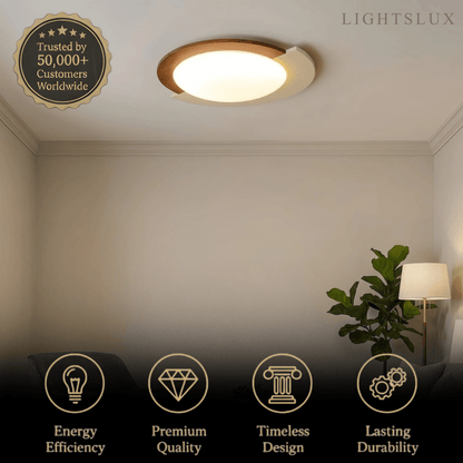 Modern Walnut Round Ceiling Light -- White Metal & Acrylic