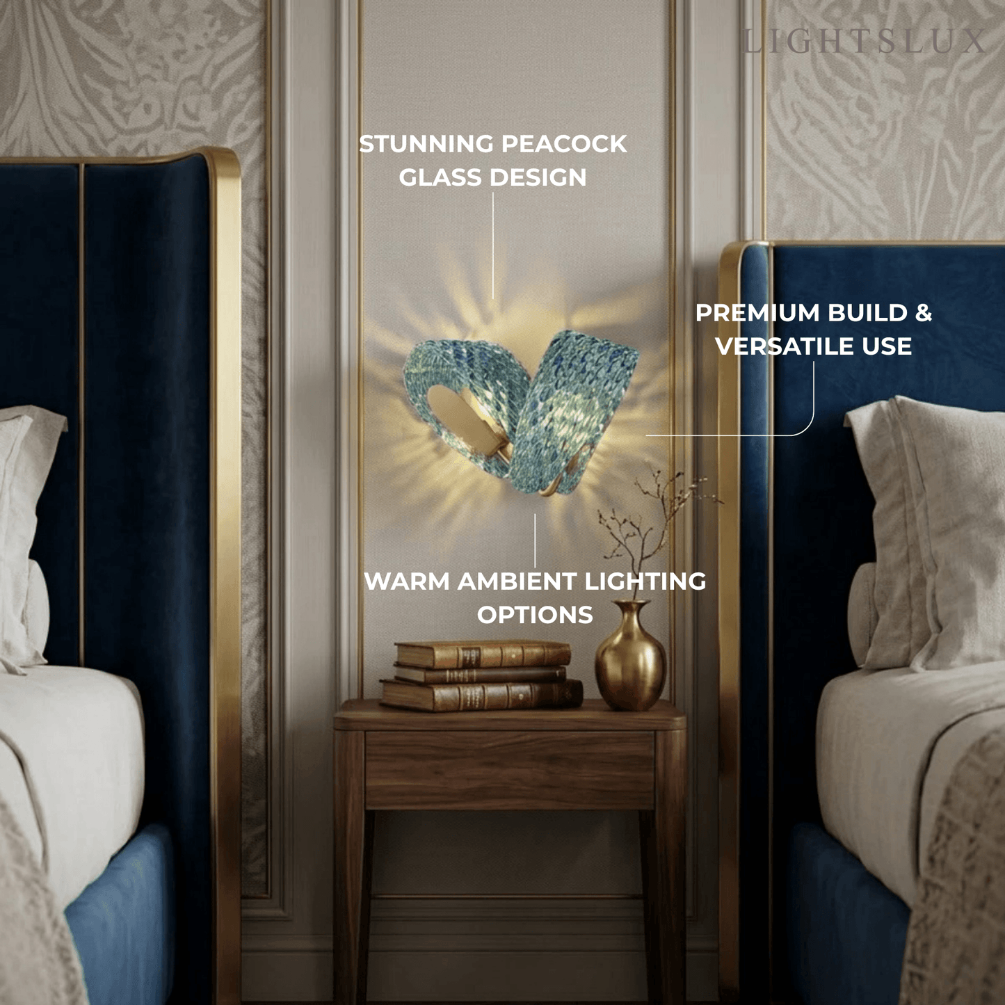 Art Deco Peacock Glass Wall Lamp -- Gold Frame