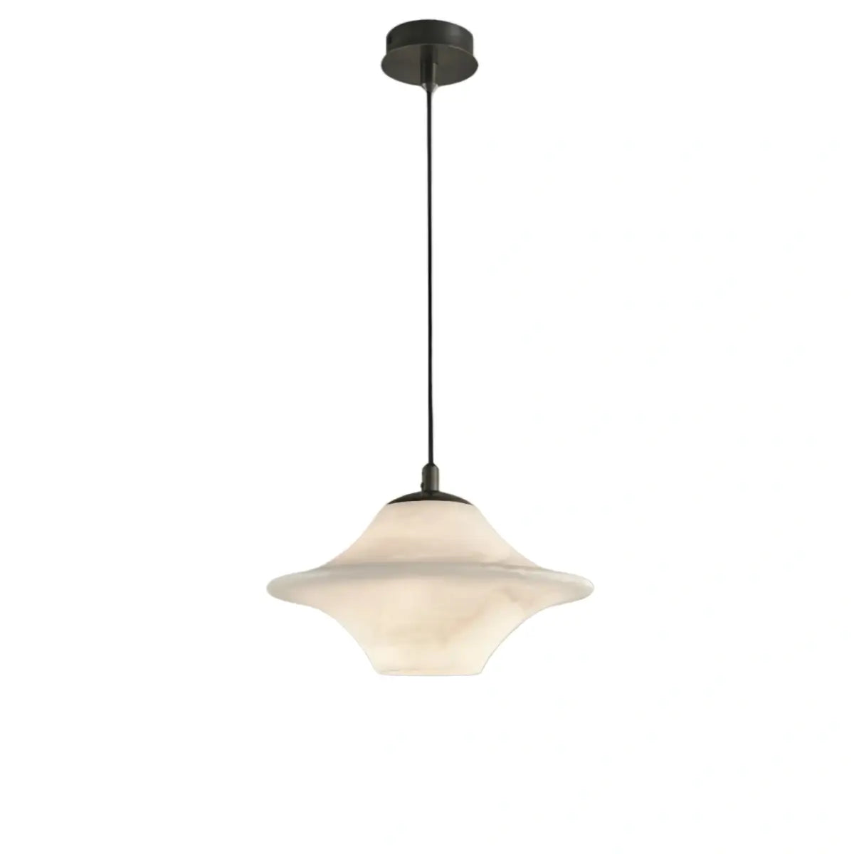 Modern Saucer Alabaster Pendant Light -- Black Metal