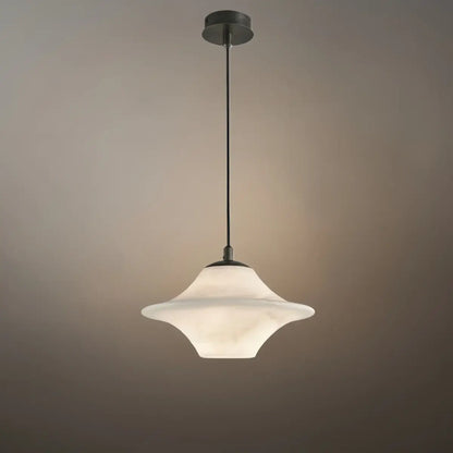 Modern Saucer Alabaster Pendant Light -- Black Metal