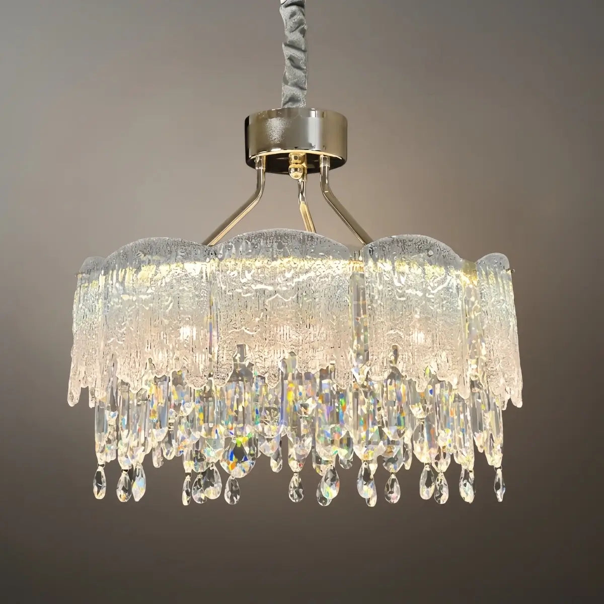 Vetro Elegant Glass Fringe Crystal Chandelier – Green/Pink/Clear Round for Bedroom / Dining Room