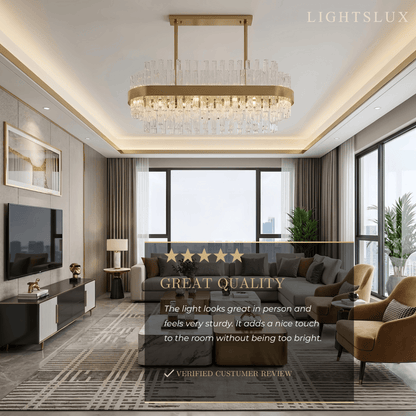 Excelis Luxury Rectangular Crystal Chandelier – Gold Frame for Dining Room / Kitchen