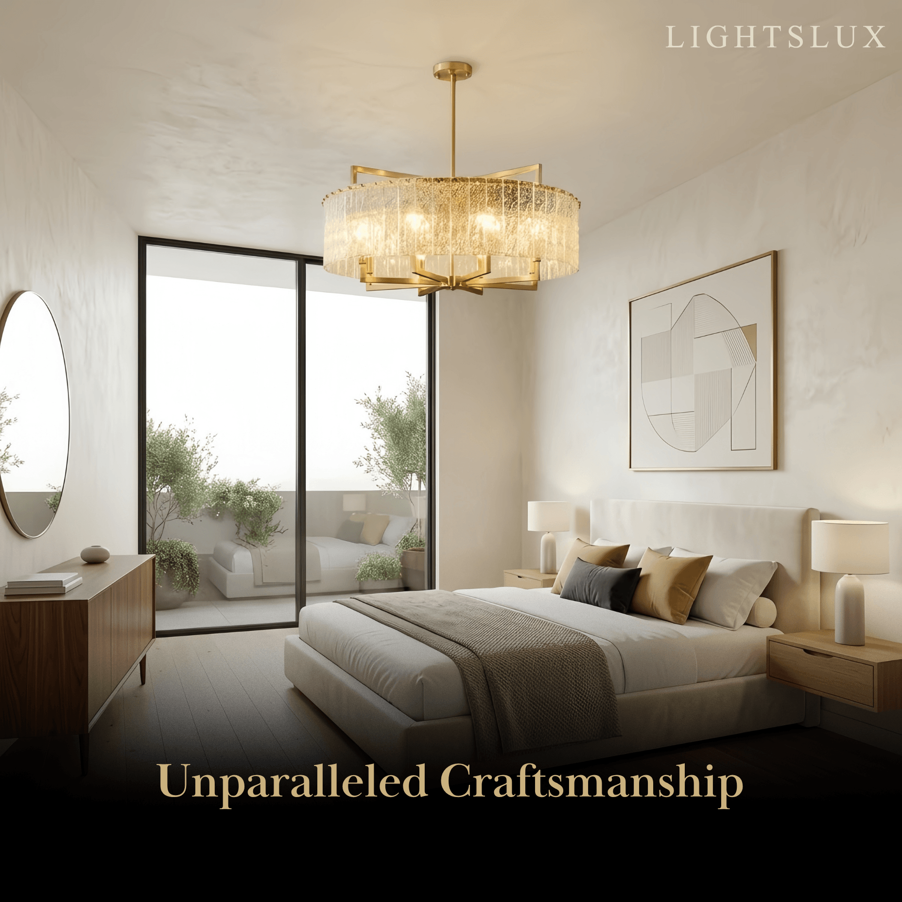 Excelis Modern Textured Glass Round Chandelier – Gold Brass for Dining Room / Kitchen