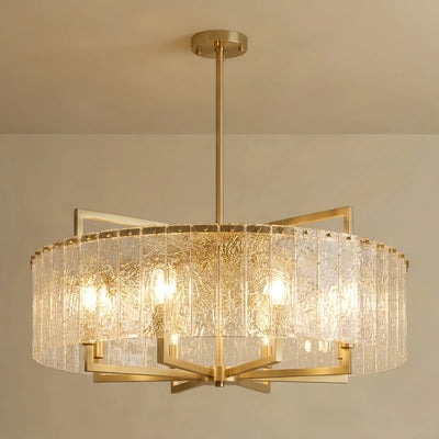 Excelis Modern Textured Glass Round Chandelier – Gold Brass for Kitchen