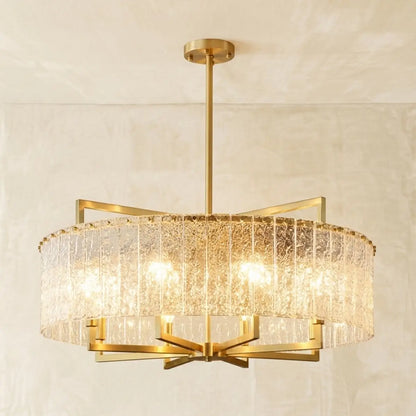 Excelis Modern Textured Glass Round Chandelier – Gold Brass for Dining Room / Kitchen