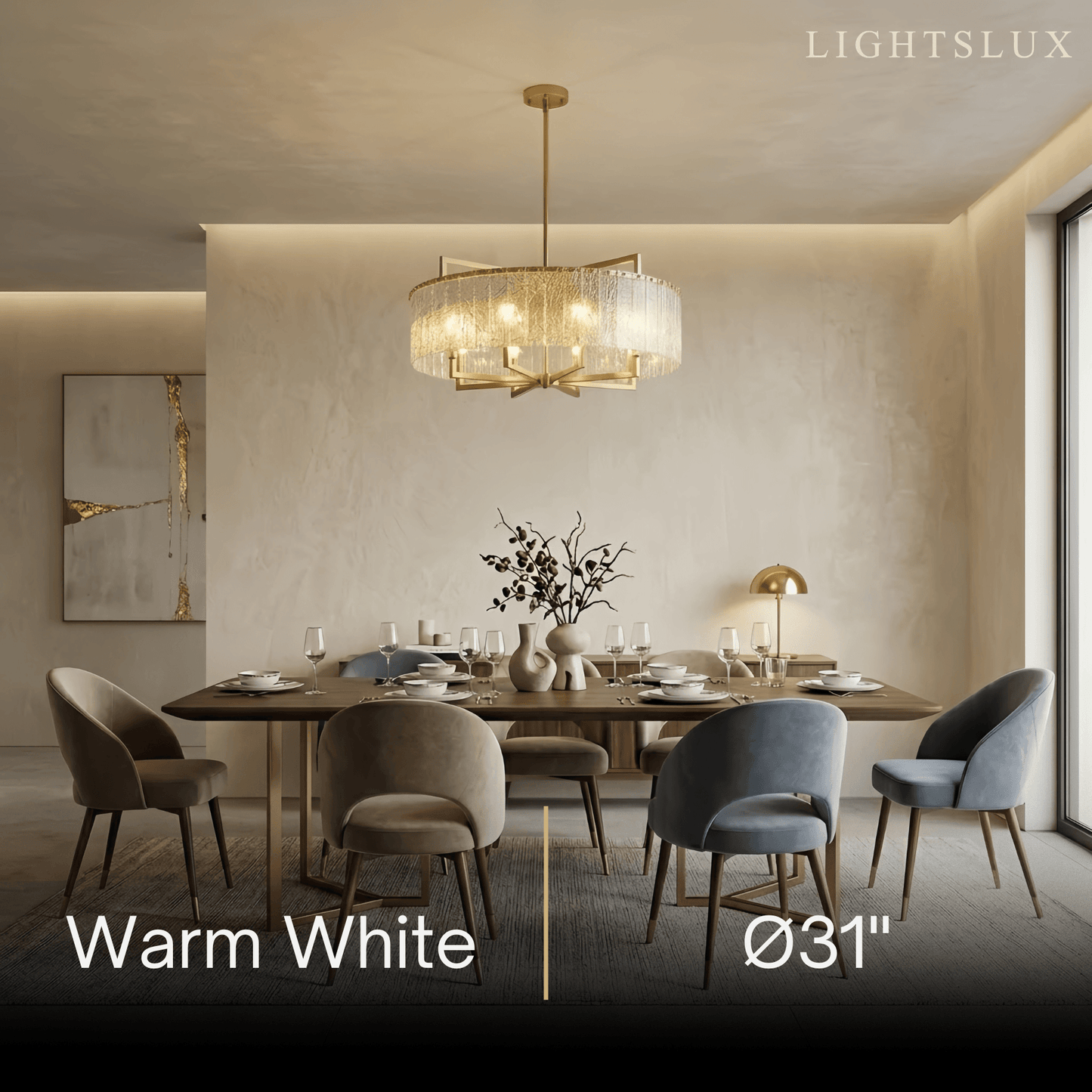 Excelis Modern Textured Glass Round Chandelier – Gold Brass for Dining Room / Kitchen