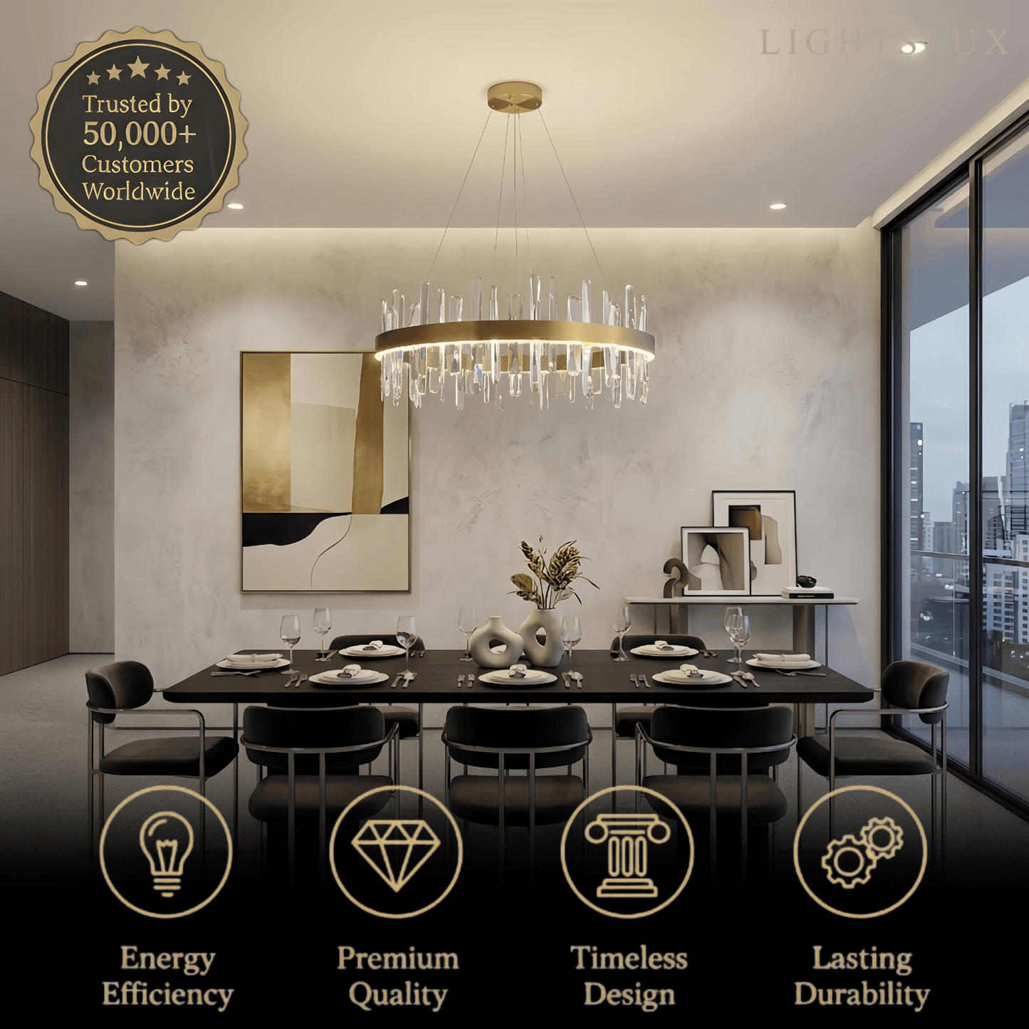 Excelis Luxury Round Crystal Chandelier – Gold Finish  for Living Room/Dining Room
