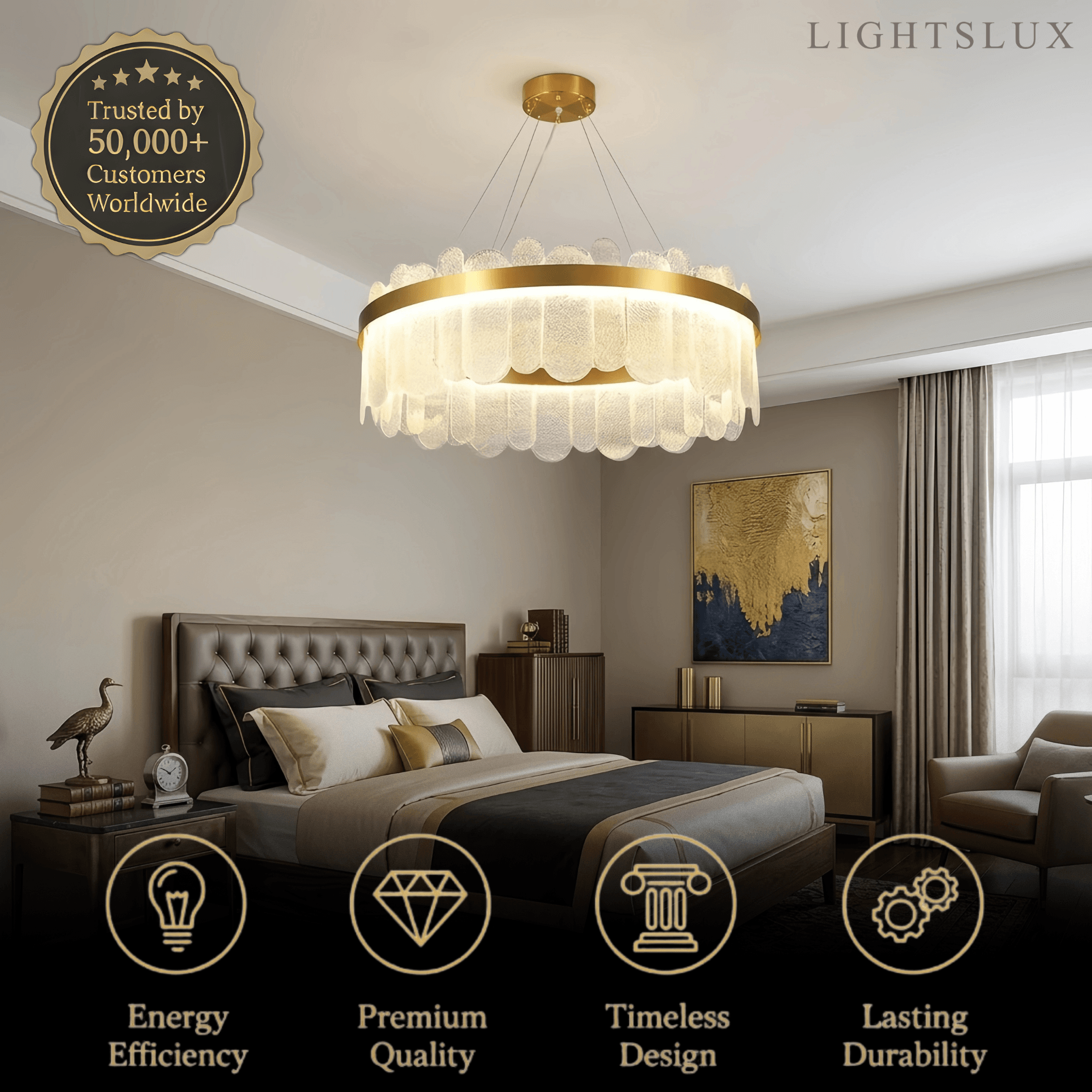 Elegant Circular Glass Chandelier -- Gold
