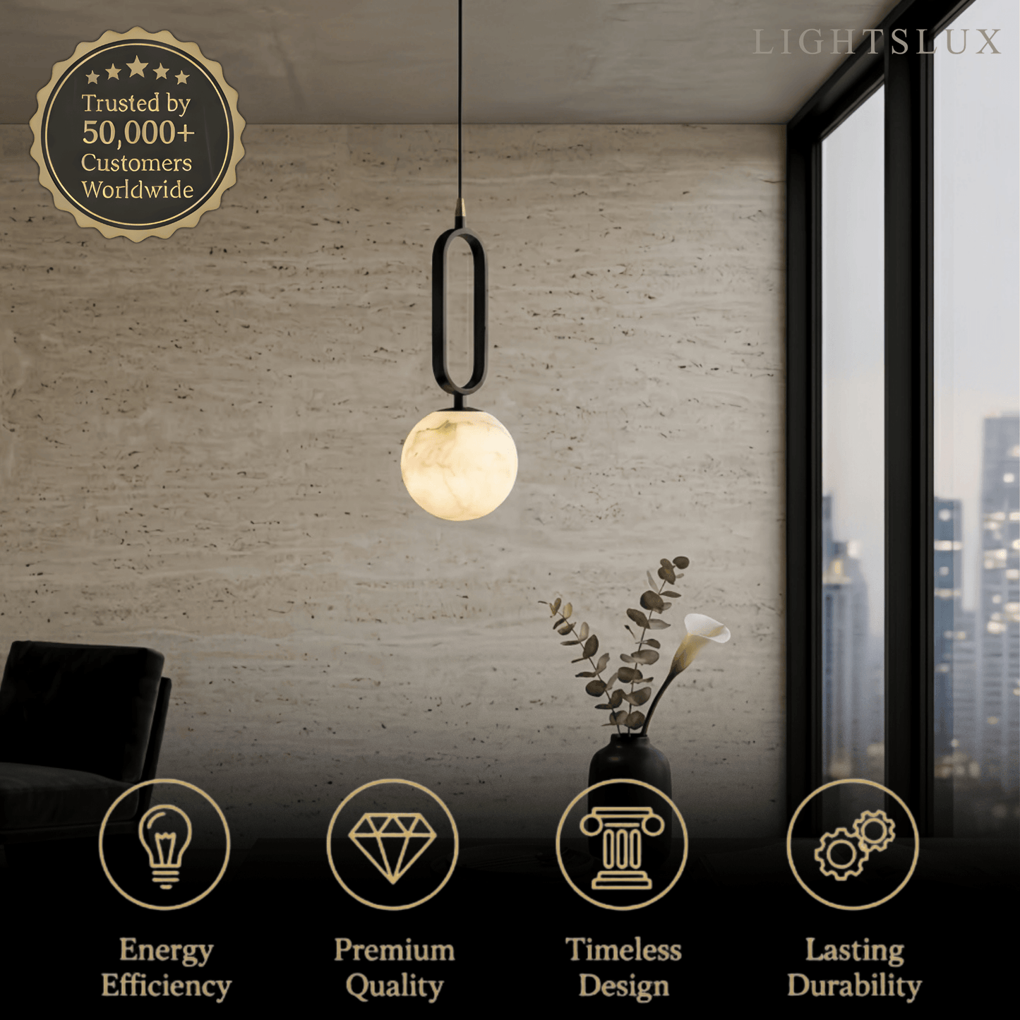 Alba Minimalist Alabaster Pendant Light – White Metal