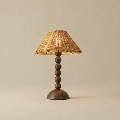 Bamburo Vintage Natural Wood & Rattan Table Lamp - Walnut Color for Bedroom Living Room Office