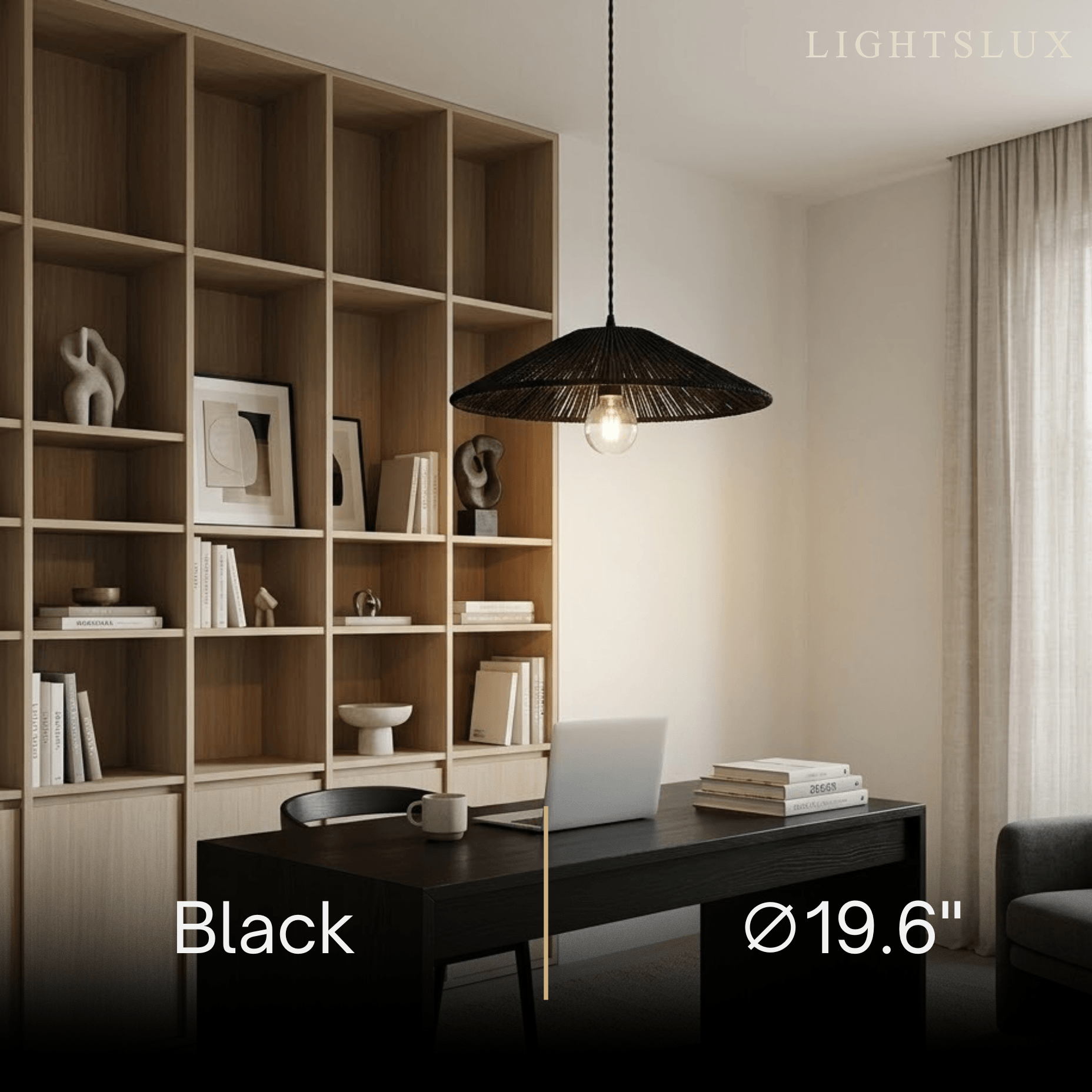 Bamburo Natural Japanese Style Rattan Pendant Light - Brown/Black Hemp Rope for Kitchen, Dining Room & Living Room