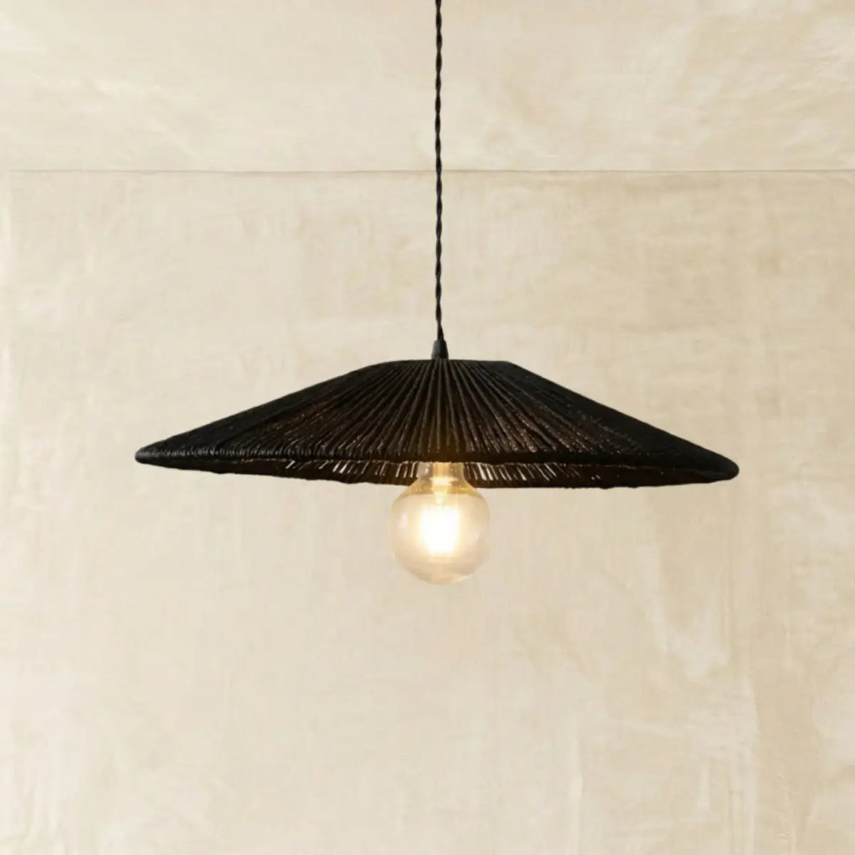 Bamburo Natural Japanese Style Rattan Pendant Light - Brown/Black Hemp Rope for Kitchen, Dining Room & Living Room