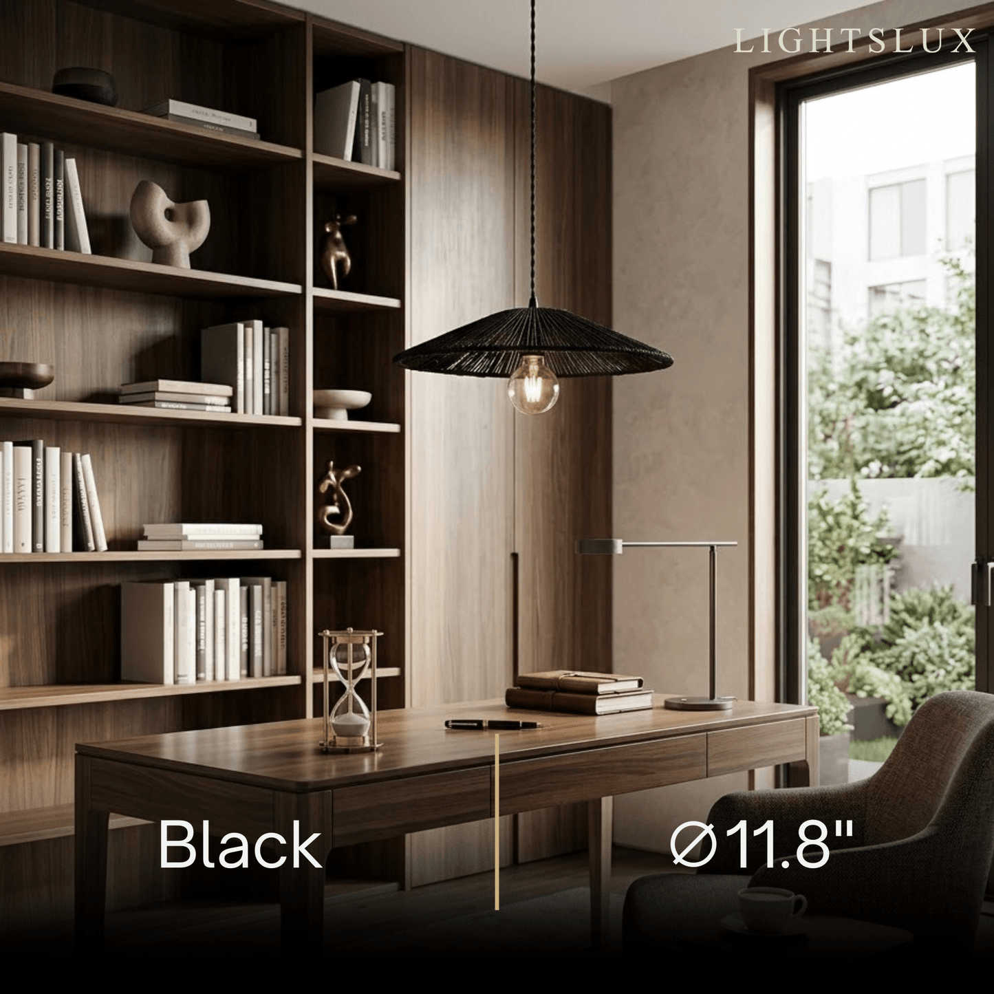 Bamburo Natural Japanese Style Rattan Pendant Light - Brown/Black Hemp Rope for Kitchen, Dining Room & Living Room