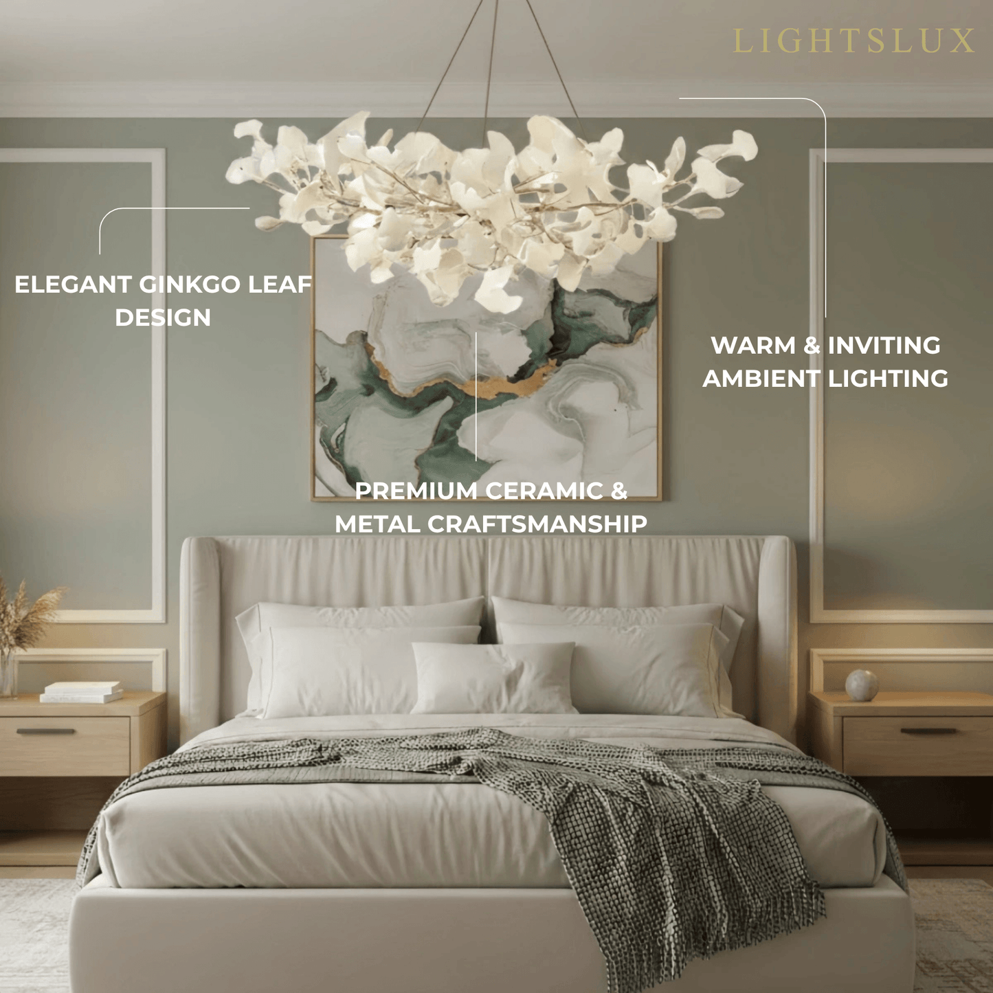 Excelis Luxury Leaf Chandelier – White or Gold Ceramic Design for Dining Room