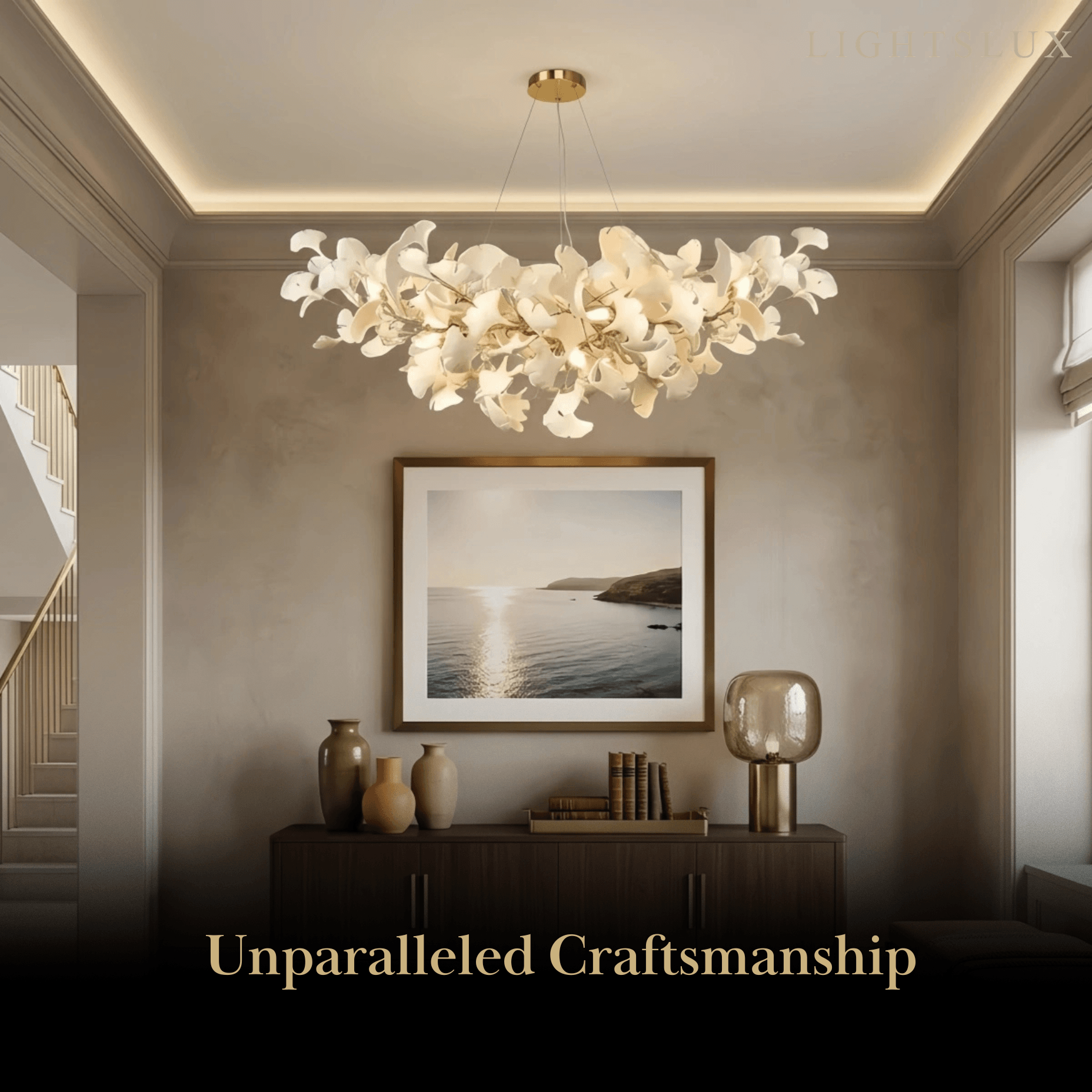 Excelis Luxury Leaf Chandelier – White or Gold Ceramic Design for Dining Room