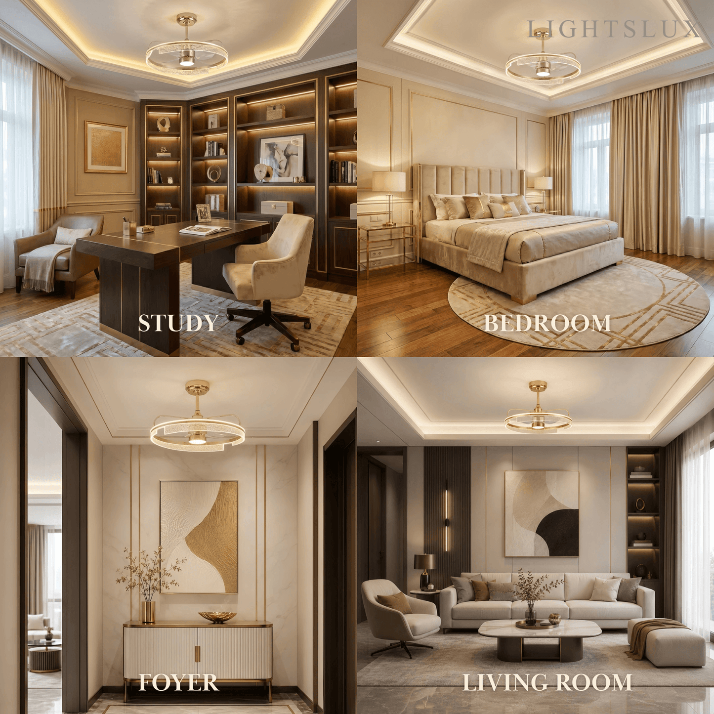 Excelis Luxury Ceiling Fan Lamp with LED -- Gold Aluminum & Acrylic for Living Room Dining Room