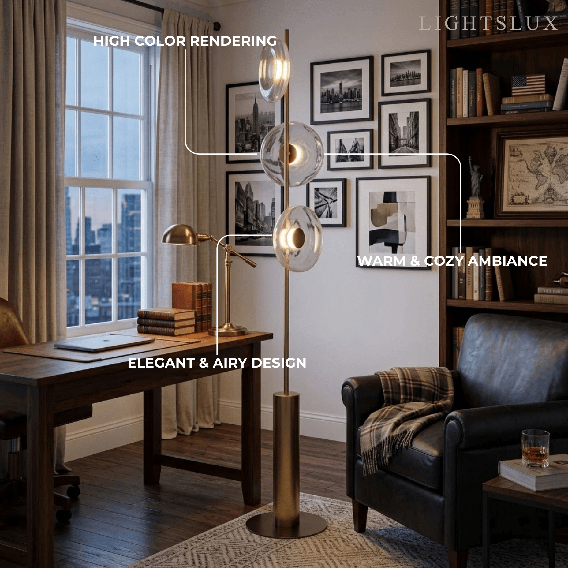 Excelis Luxury Floor Lamp -- Iron and Glass , Amber or Clear Light Color for Living Room Bedroom
