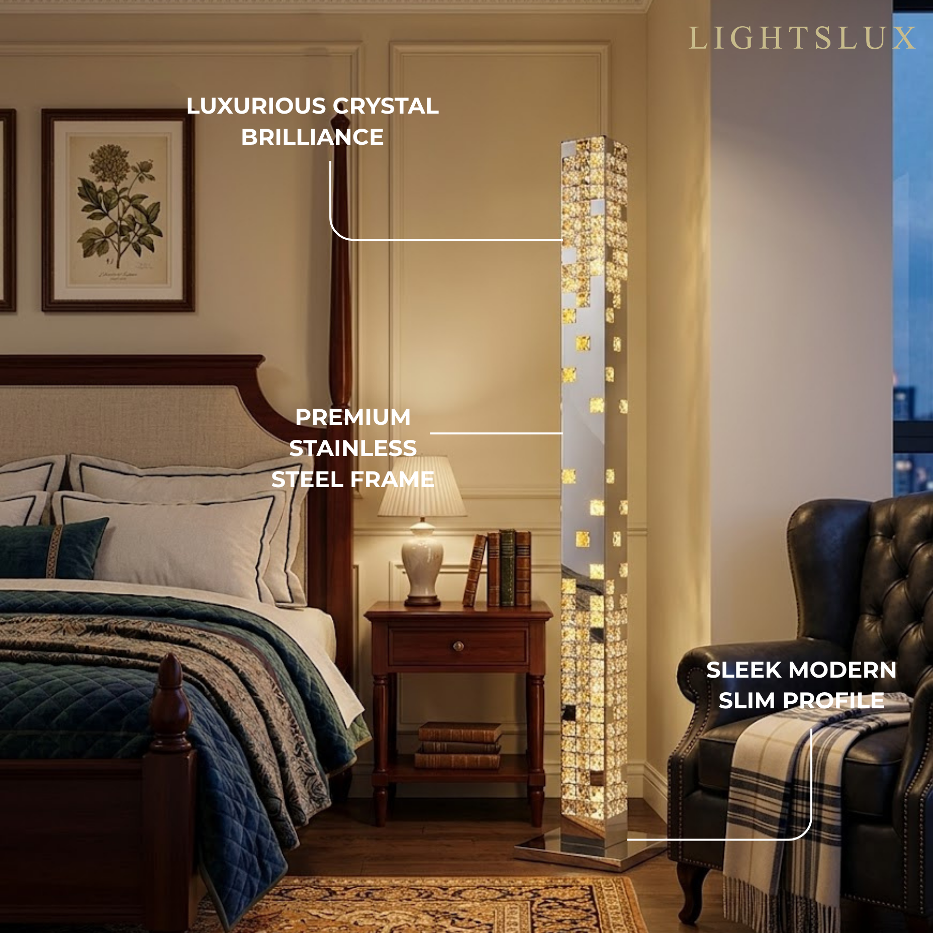 Excelis Modern Crystal Floor Lamp – Stainless Steel & Crystal Chrome for Living Room