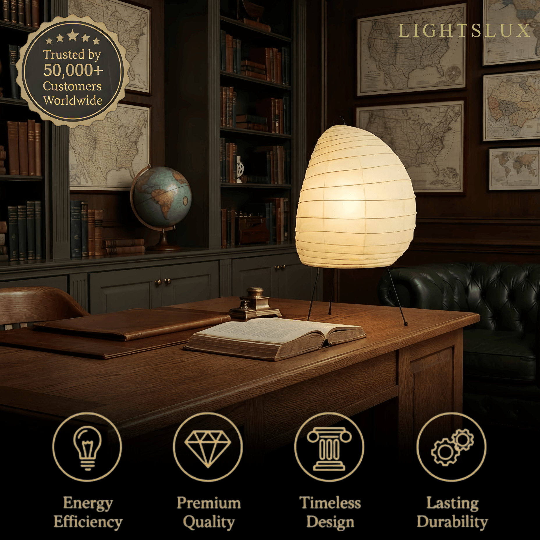 Japanese Table Lamp -- Metal & Rice Paper Beige for Bedroom