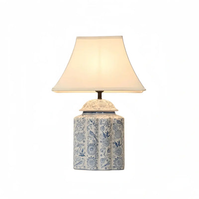Velora Elegant Hand-Painted Ceramic Table Lamp -- Blue Body with Beige Linen Shade for Living Room