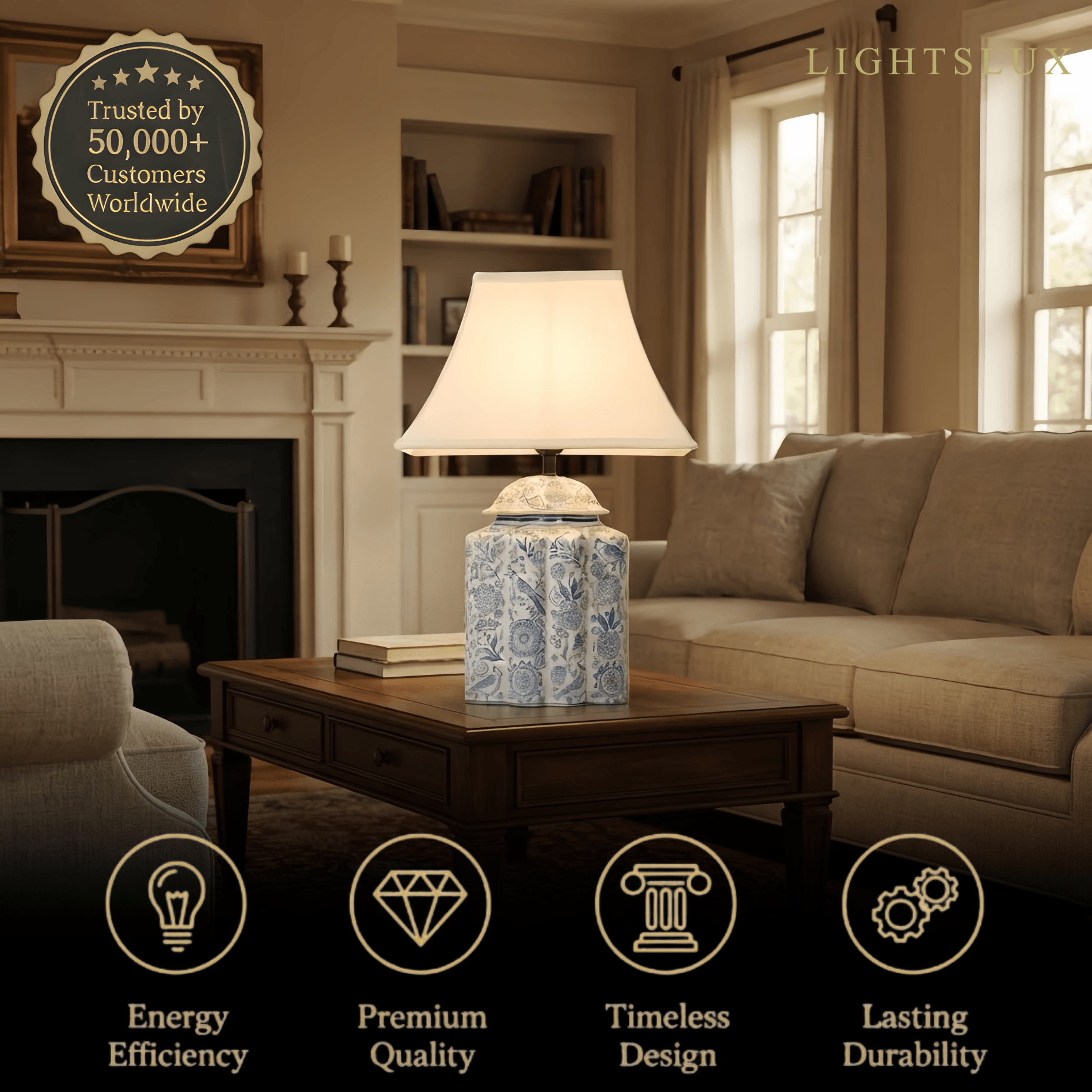 Elegant Hand-Painted Ceramic Table Lamp -- Blue Body with Beige Linen Shade for Living Room