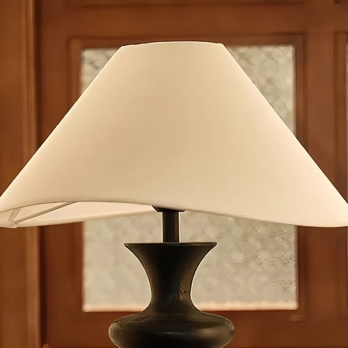 Sandora Classical Fabric Shade Table Lamp -- Natural Wood & Black/White Shade Detail