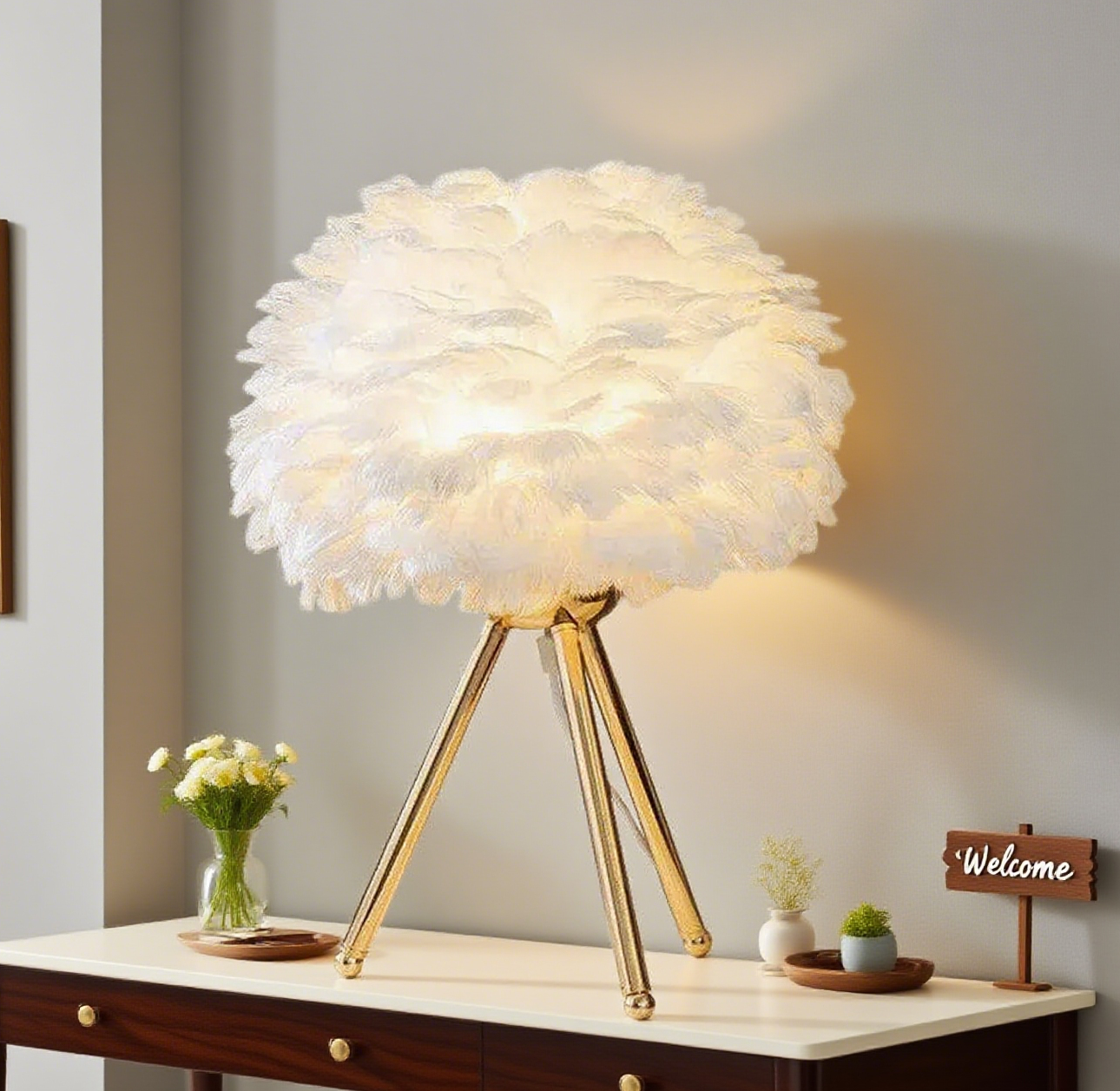Lunara Art Deco Table Lamp – Feather& Metal Tripod Base for Children's Room/Bedroom