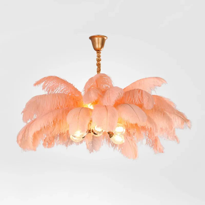 Art Deco Pendant Light — 8-Color Brass & Feather Cluster for Luxury Bedroom/Dining Room
