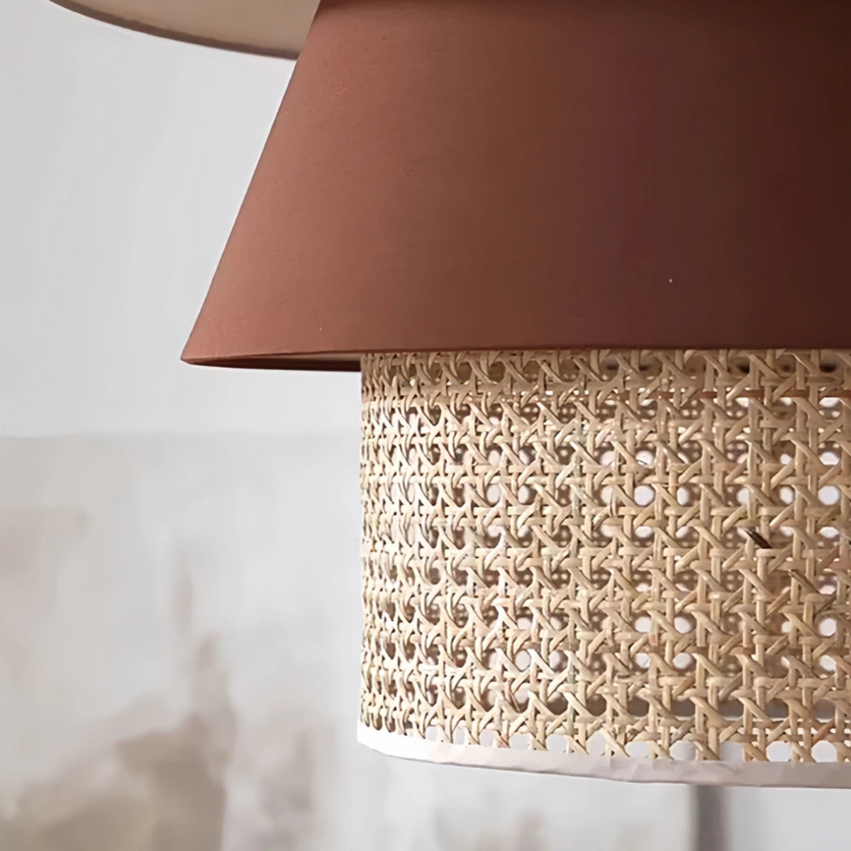 Pendant Lamp – Wood & Rattan with Fabric Shade for Living Room
