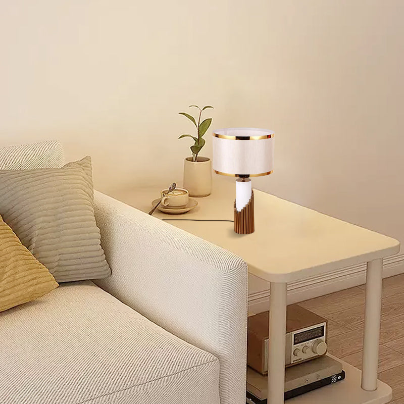  Royal White & Gold Table Lamp – Cylindrical Metal & Fabric for Living Room