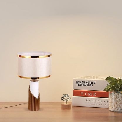  Royal White & Gold Table Lamp – Cylindrical Metal & Fabric for Bedroom