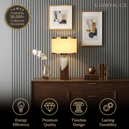 Lunara Royal White & Gold Table Lamp – Cylindrical Metal & Fabric for Bedroom