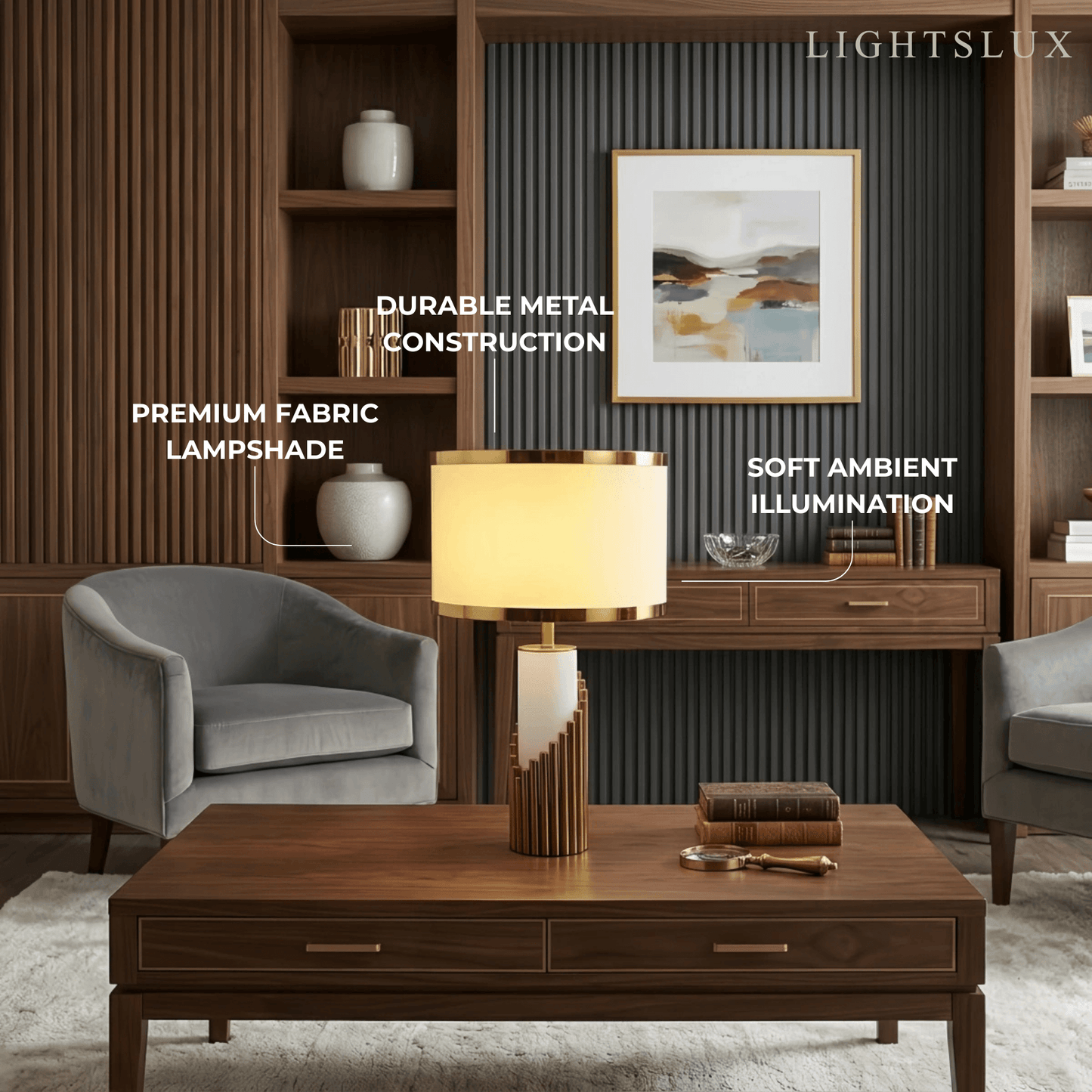 Lunara Royal White & Gold Table Lamp – Cylindrical Metal & Fabric for Bedroom