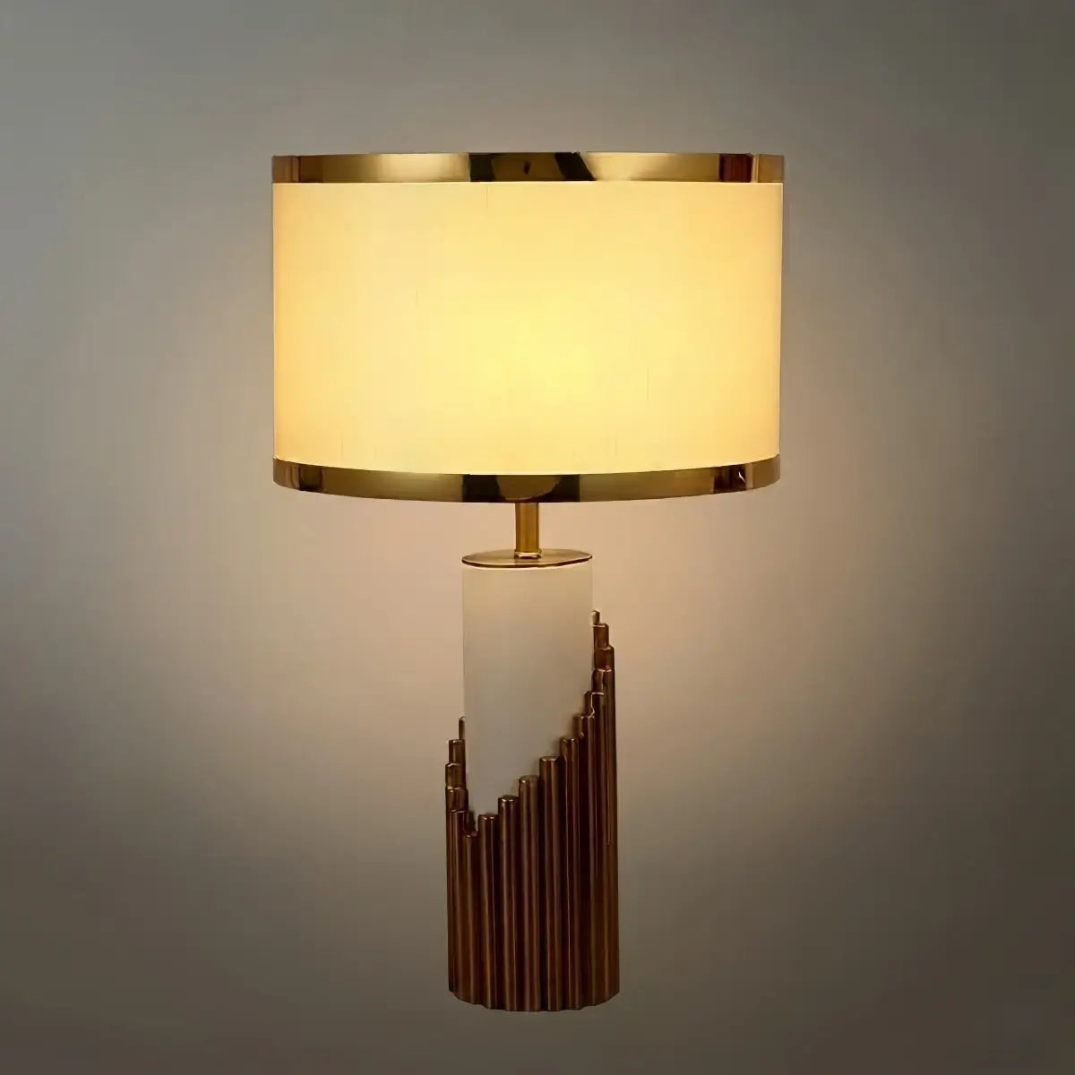 Lunara Royal White & Gold Table Lamp – Cylindrical Metal & Fabric for Bedroom