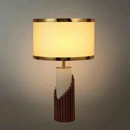 Lunara Royal White & Gold Table Lamp – Cylindrical Metal & Fabric for Bedroom