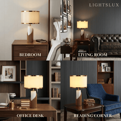 Lunara Royal White & Gold Table Lamp – Cylindrical Metal & Fabric for Bedroom