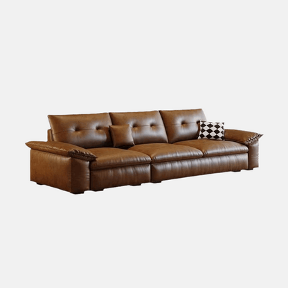 Minimalist Tofu Block Sofa Brown Leather for Living Room